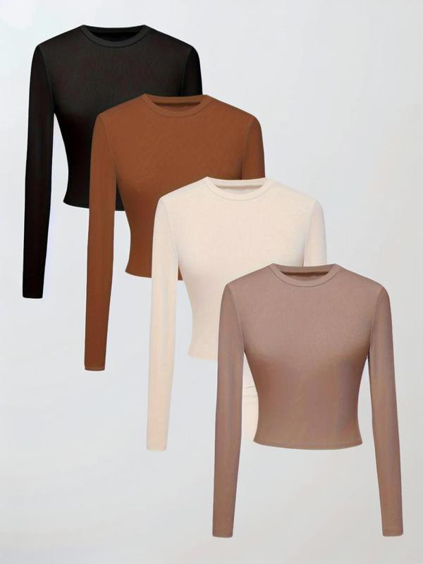 Women's Plain Round Neck Long Sleeve Tee