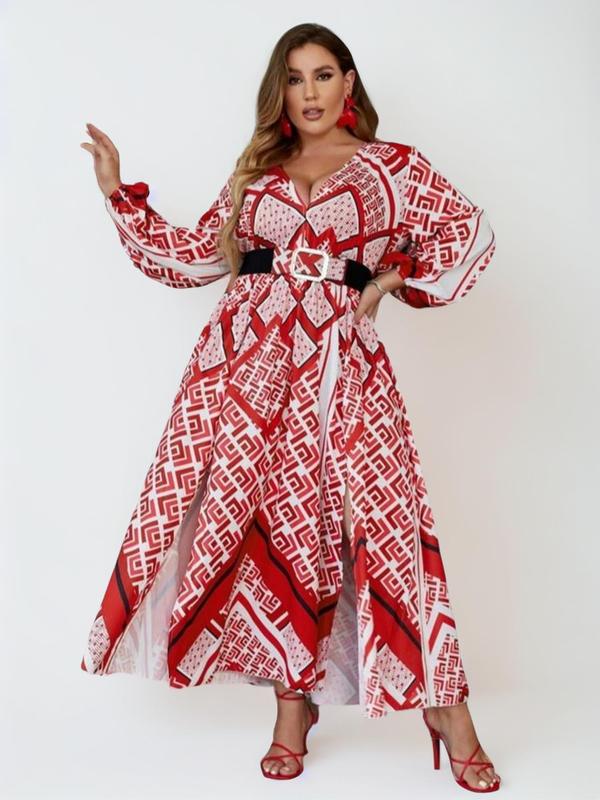 Plus Size Geometric Print Belted Split Thigh Dress
