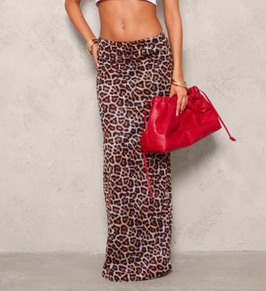 Leopard Print Mesh Maxi Skirt