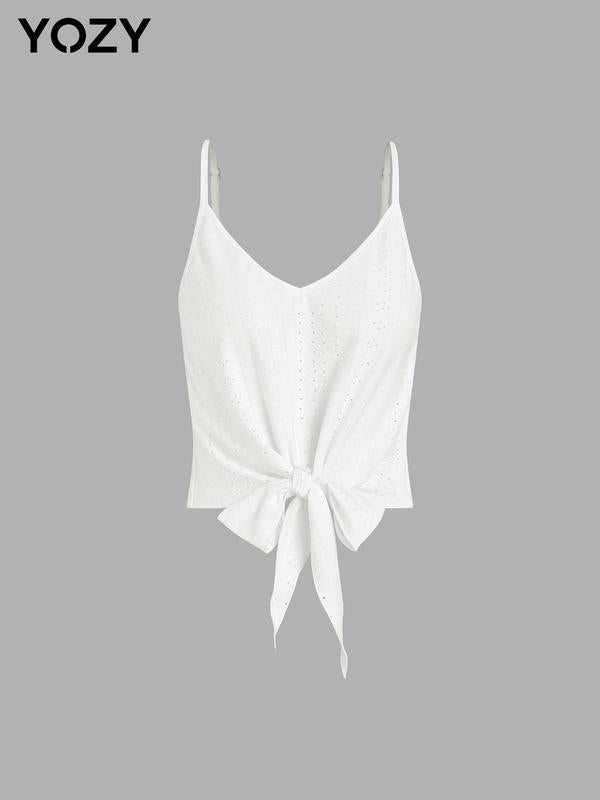 Yozy Women's Plain Eyelet Embroidery Knot Front Backless Crop Cami Top