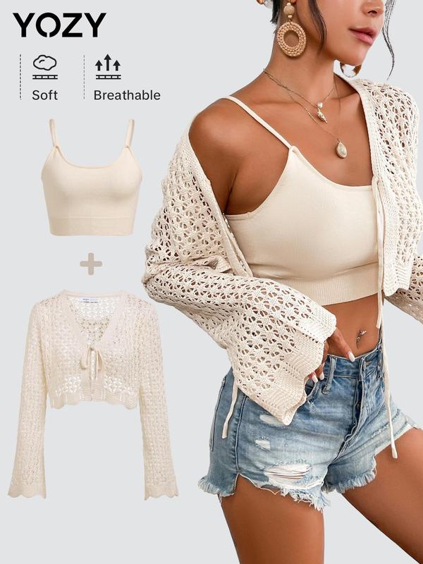 Yozy Solid Hollow Out & Spaghetti Strap Top Set