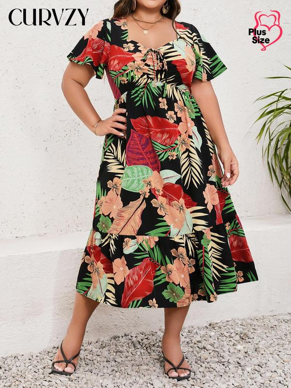 Curvzy Plus Tropical Floral Butterfly Sleeve A-Line Dress