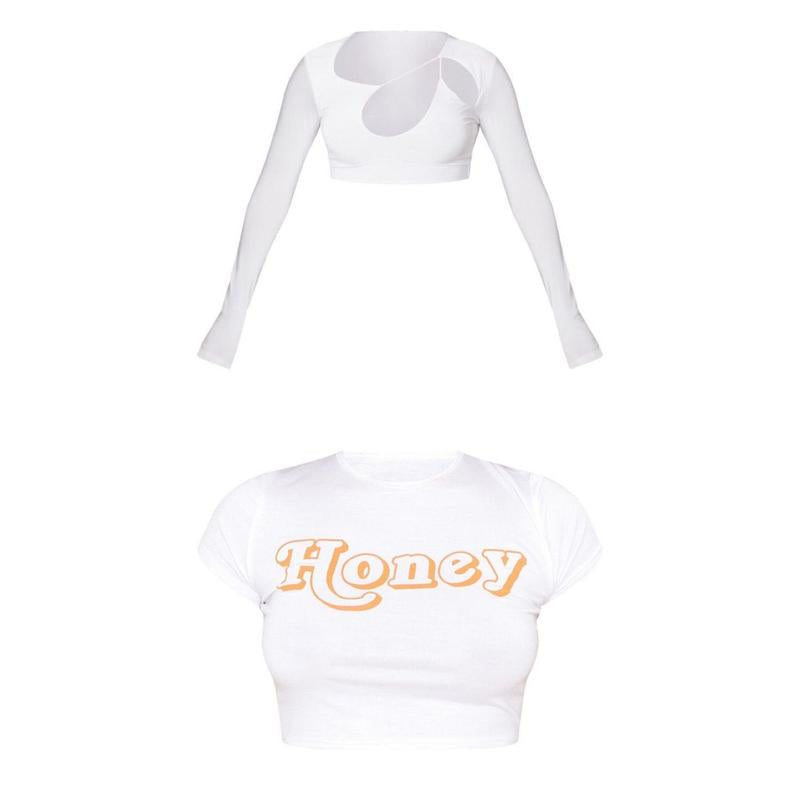 White Slinky Strappy Cut-Out & Honey Print Crop Top