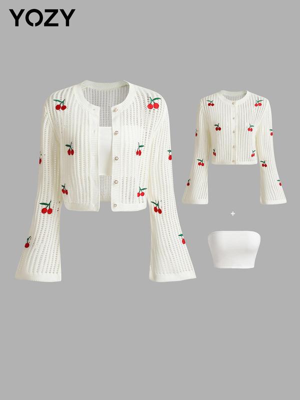 Yozy Cherry Embroidery Cardigan & Crop Set