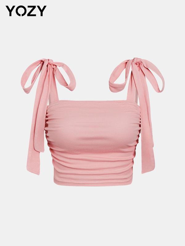 Yozy Plain Ruched Tie Shoulder Crop Tank Top