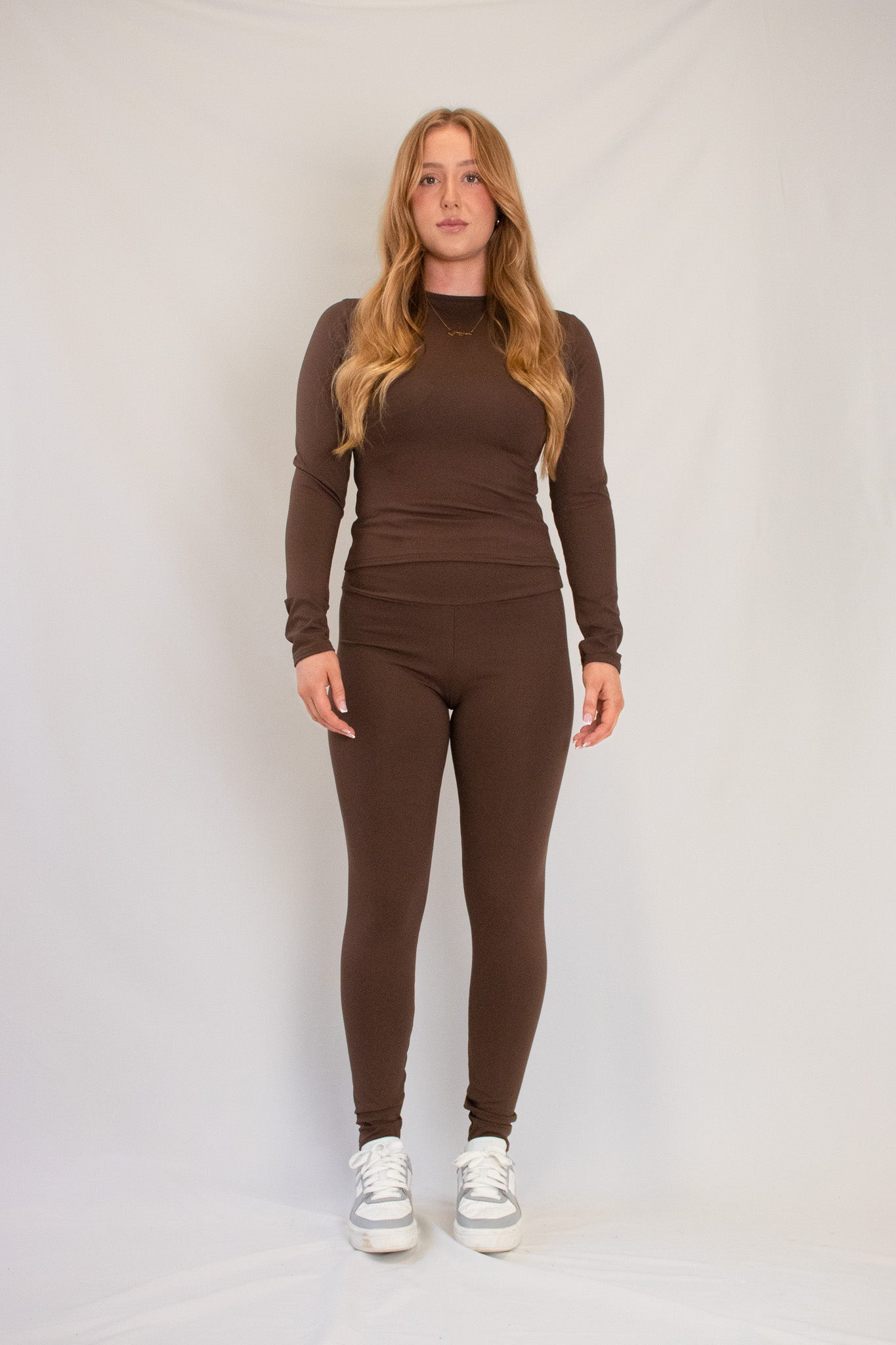 Women's Chocolate Brown High-Neck Top and Leggings Set