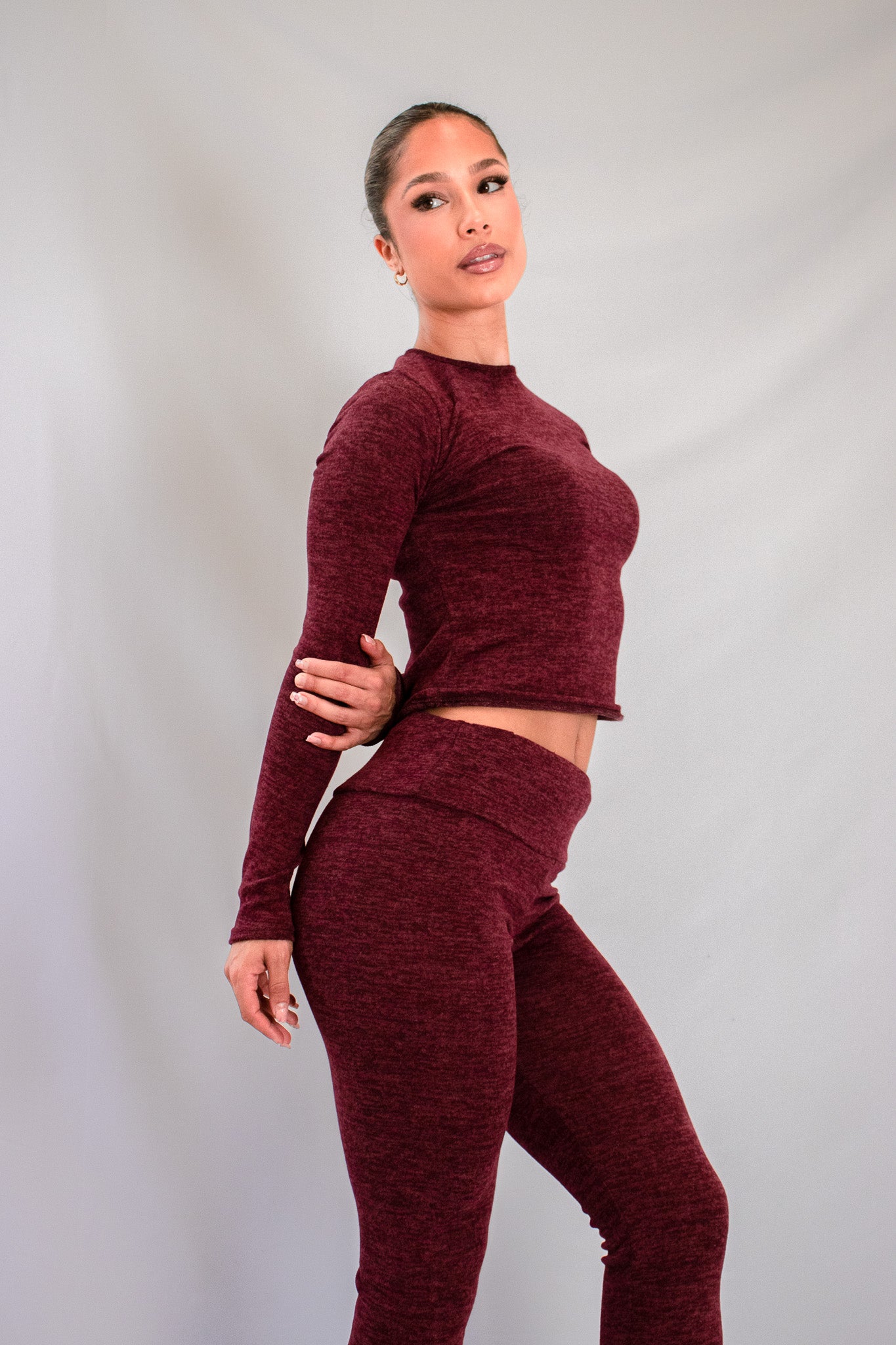 Women's Maroon Long-Sleeve Crop Top and Leggings Set