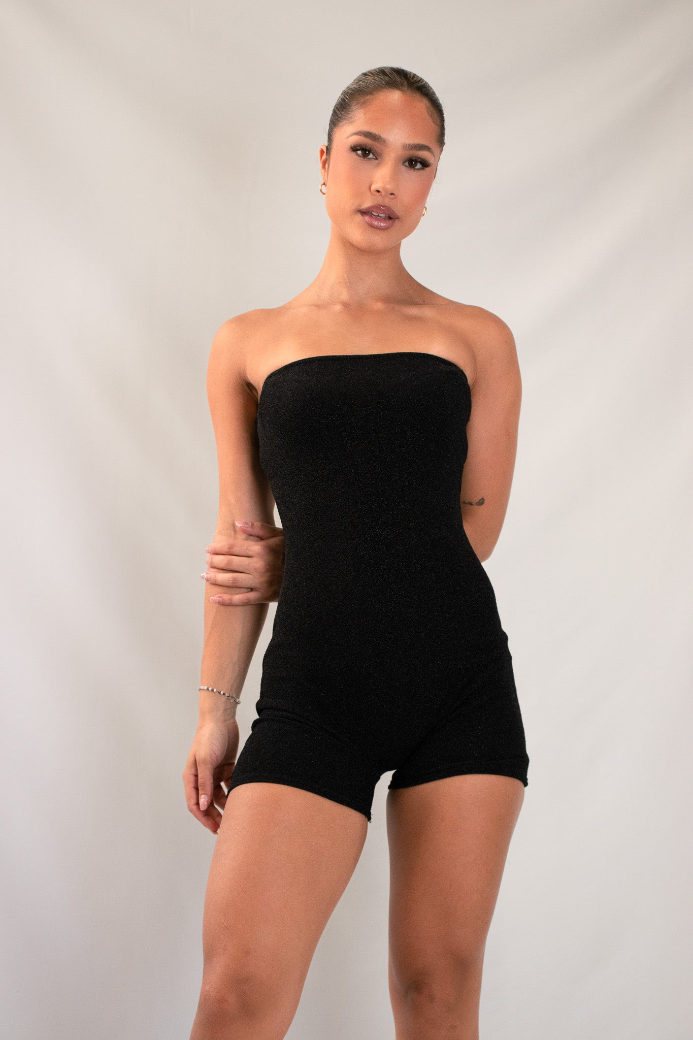 Women's Black Strapless Glitter Romper