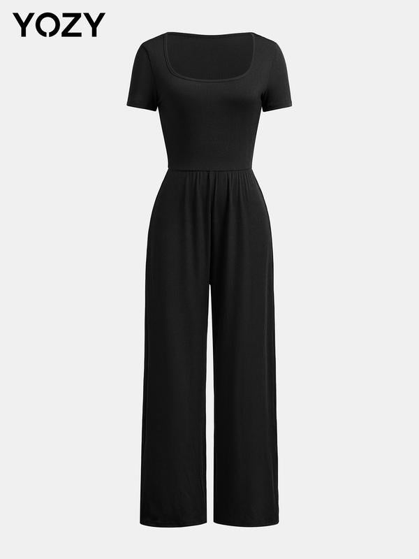 Ribbed Square Neck Short Sleeve Wide Leg Jumpsuit