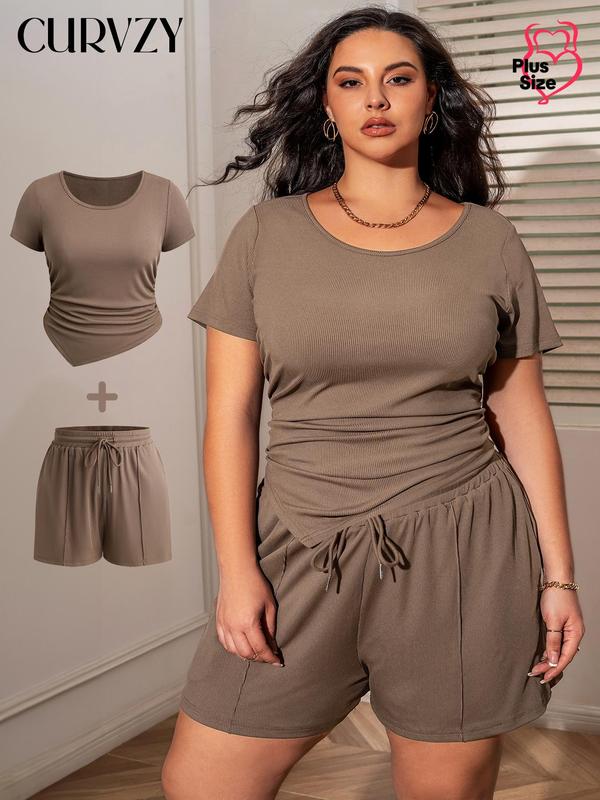 Curvzy Plus Solid Ruched Tee & Shorts Set