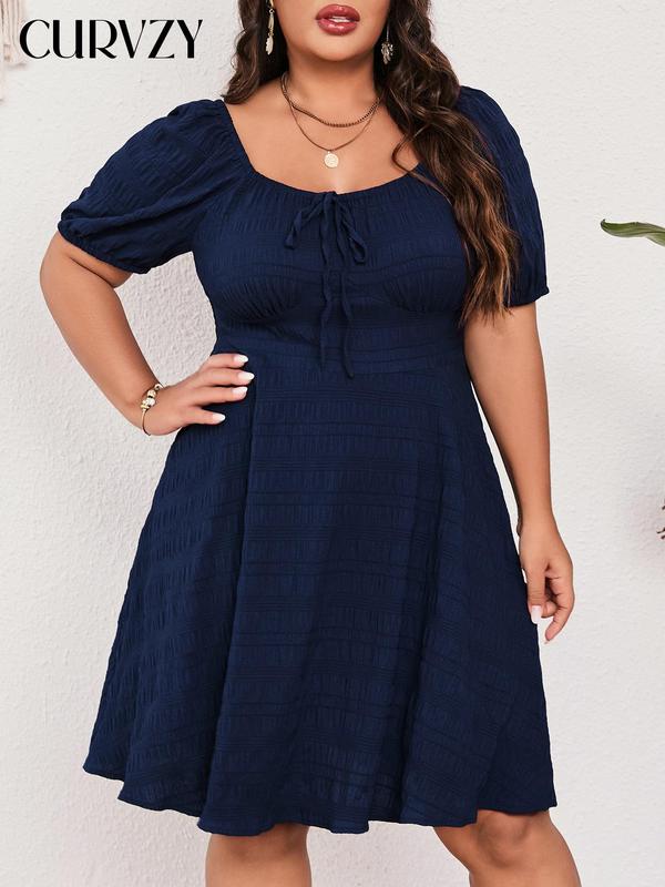Curvzy Plus Tie Front Puff Sleeve A-line Dress