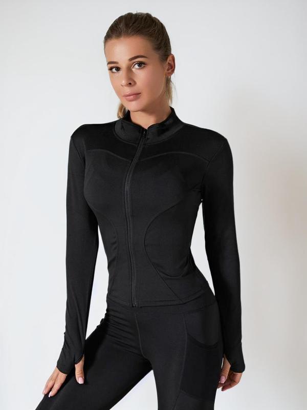 Solid Zip-Up Mock Neck Sports Jacket