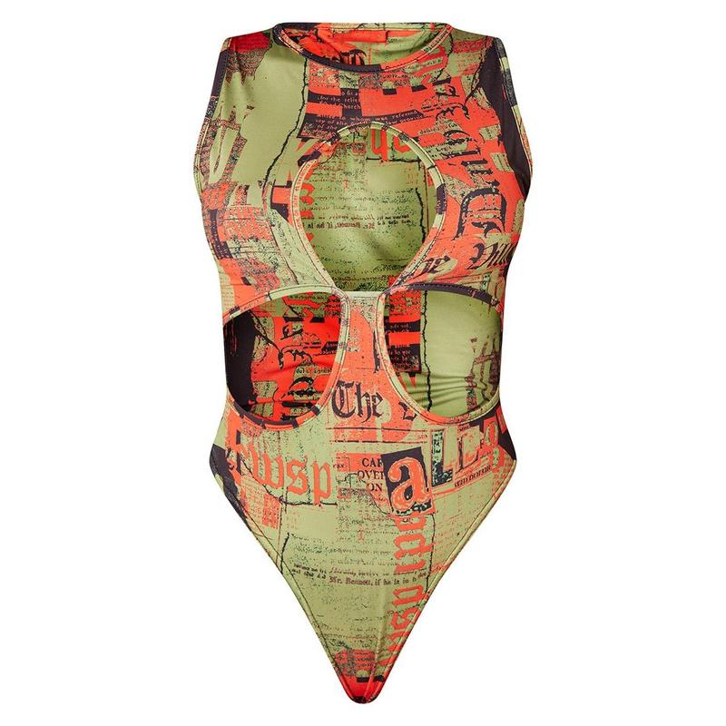 Green Print Slinky Multi Cut Out Bodysuit