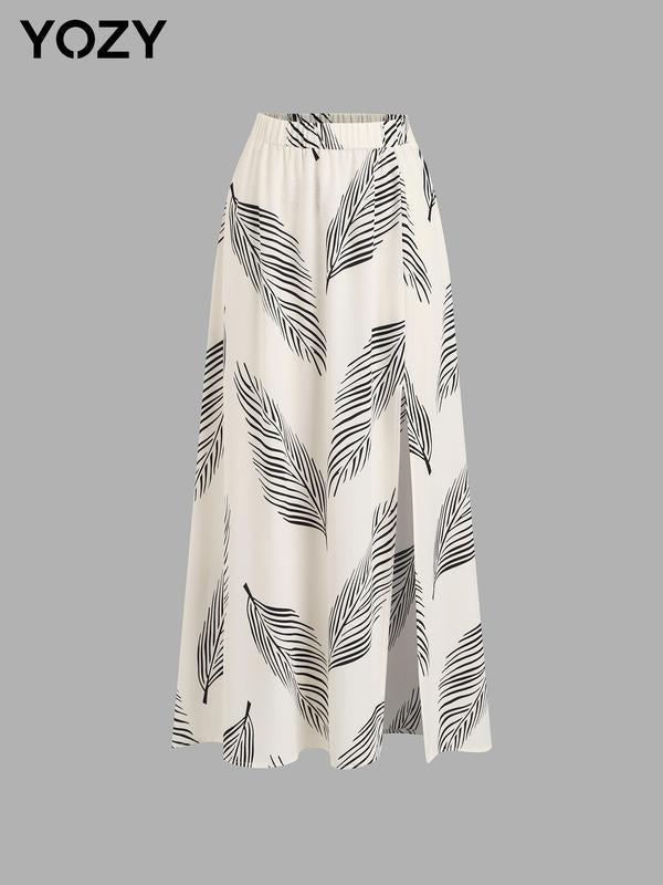 Yozy Leaf Print Split Hem Skirt