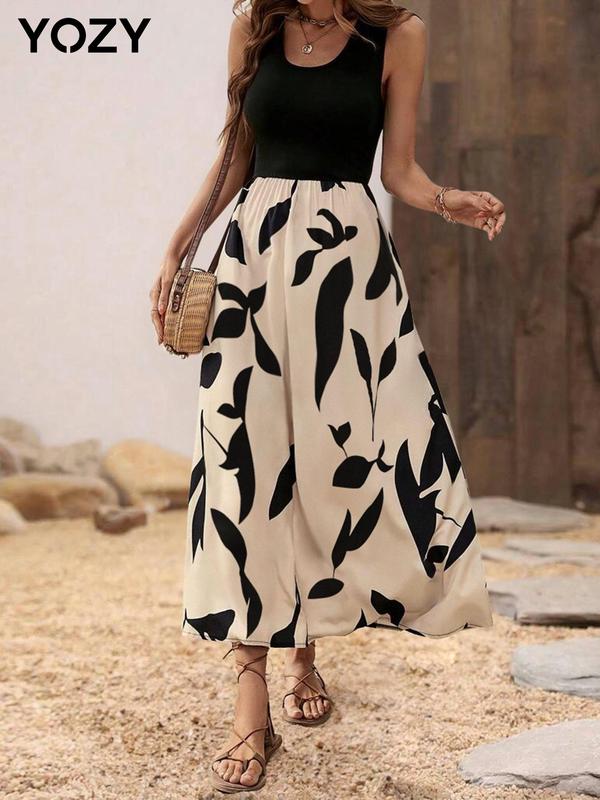 Yozy Color Block Leaf Print A-line Long Dress