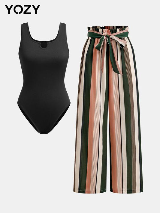 Yozy Striped U Neck Bodysuit & Bow Pants Set
