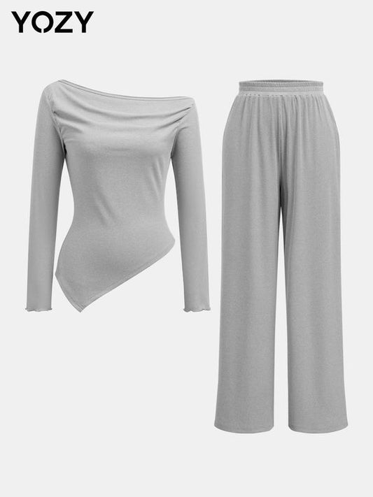 Off Shoulder Long Sleeve Top & Drawstring Waist Pants Set