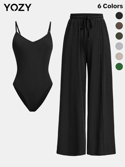 Women's Summer Button Design Bodysuit & Drawstring Wide-Leg Pants Co-ord Set