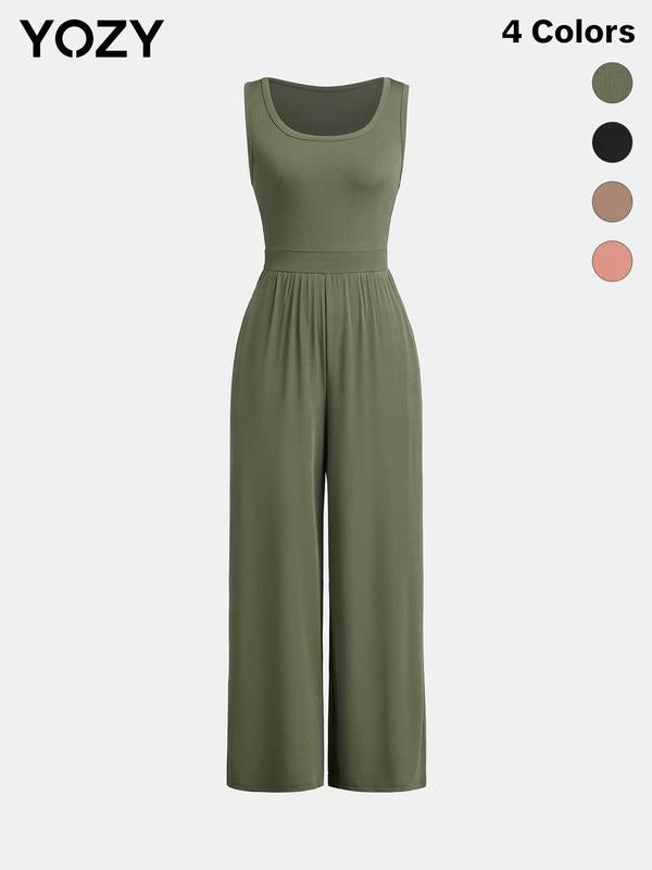 Ruched Wide Leg Scoop Neck Tank Jumpsuit