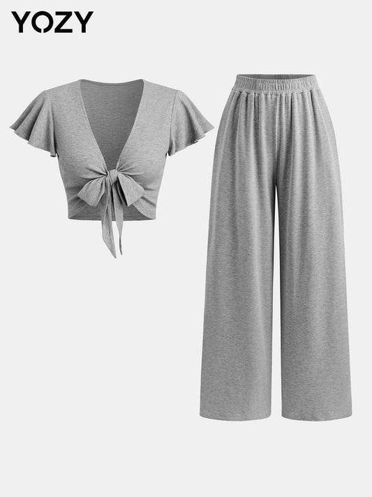 Yozy Butterfly Sleeve Crop Top & Wide Leg Pants