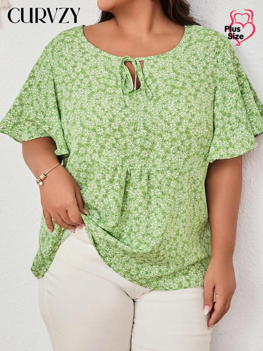 Curvzy Plus Ditsy Floral Tie Front Blouse