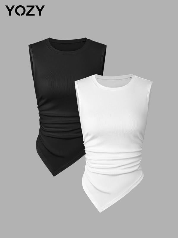 2pcs Plain Asymmetrical Hem Ruched Round Neck Tank Top