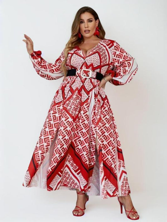 Plus Size Geometric Print Belted Split Thigh Dress