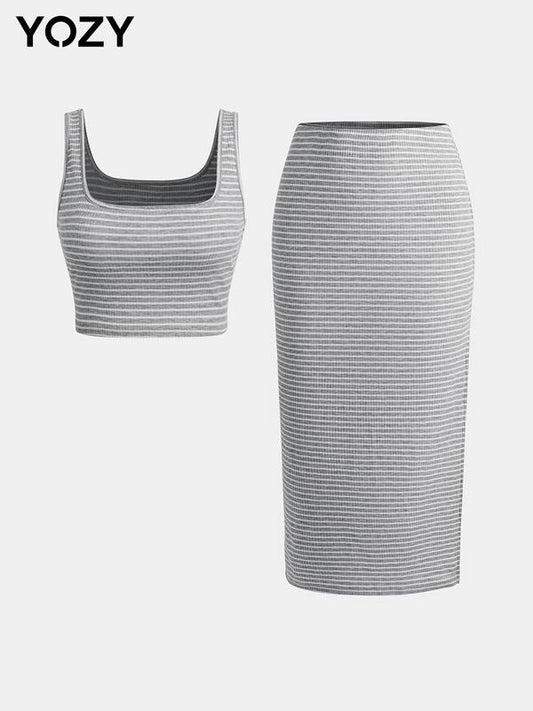 Yozy Striped Split Thigh Skirt Set