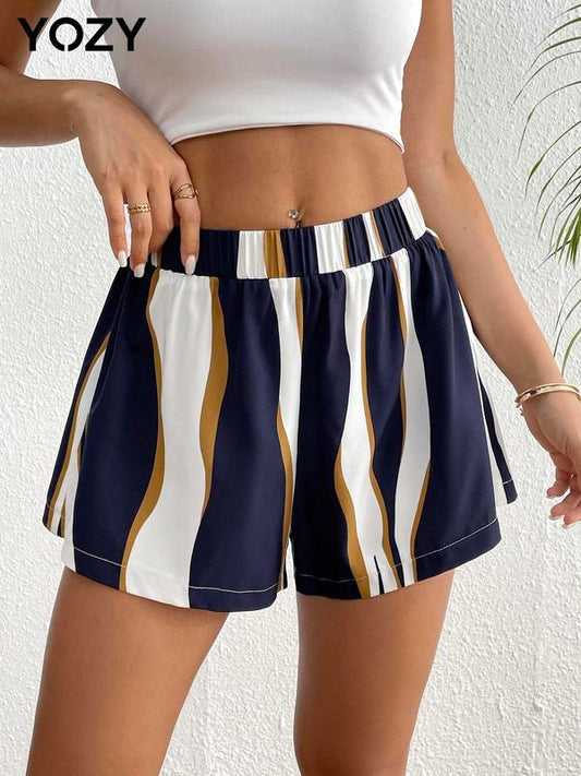 Yozy Stripped Print Elastic Waist Shorts