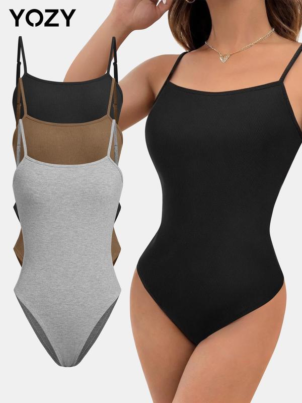 Women's 3pcs Solid Adjustable Strap Ribbed Bodysuit