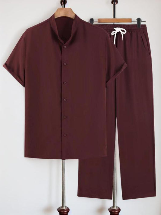 Men's Loose Solid Shirt & Drawstring Pants Set