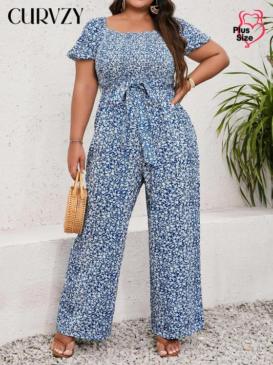 Curvzy Plus Size Ditsy Floral Print Jumpsuit