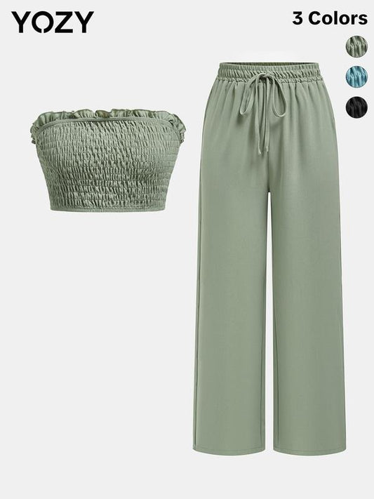 Yozy Frill Trim Crop Tube Top & Wide Leg Pants Set