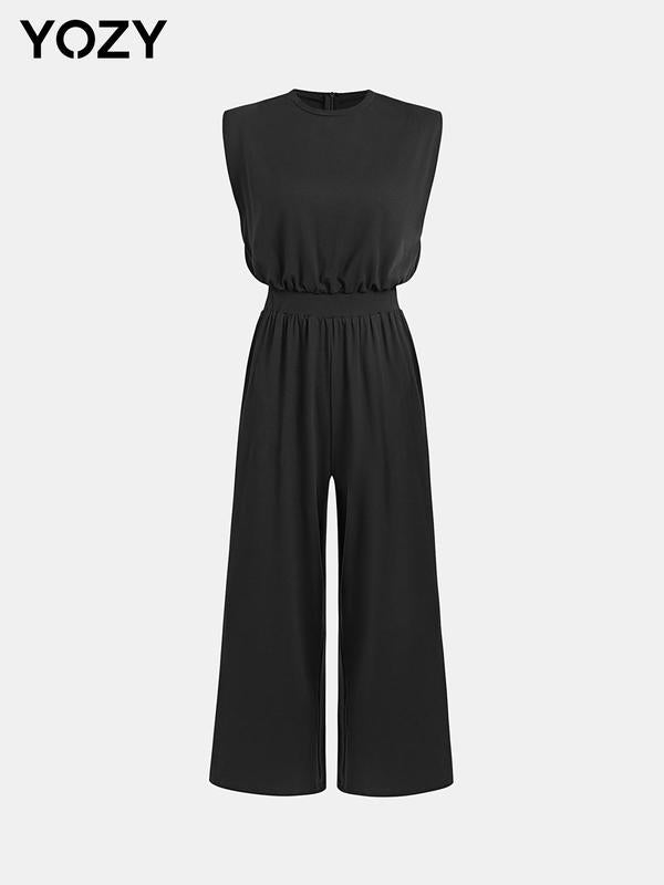 Plain High Waist Zipper Back Tank Jumpsuit