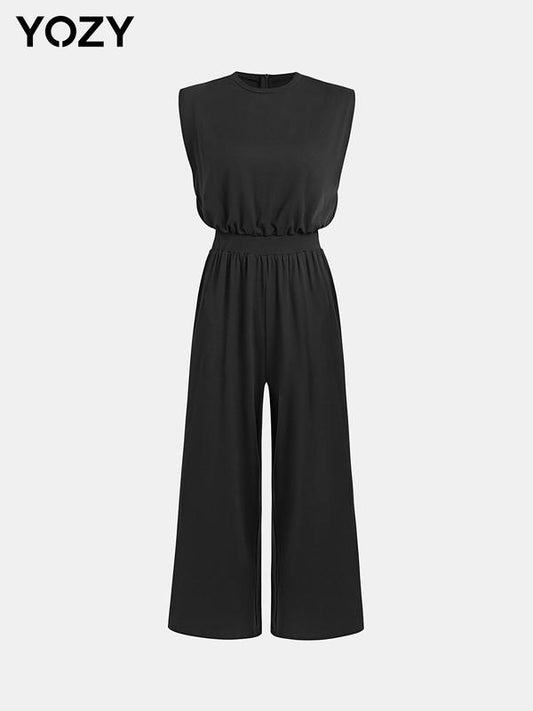 Plain High Waist Zipper Back Tank Jumpsuit