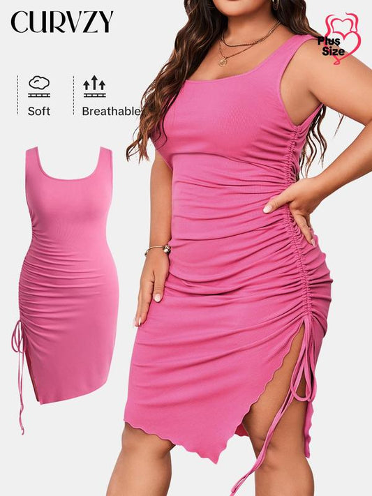 Curvzy Plus Solid Drawstring Ruched Bodycon Dress