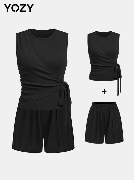 Yozy Women's Solid Wrap Tie Front Crop Tank and Shorts Set