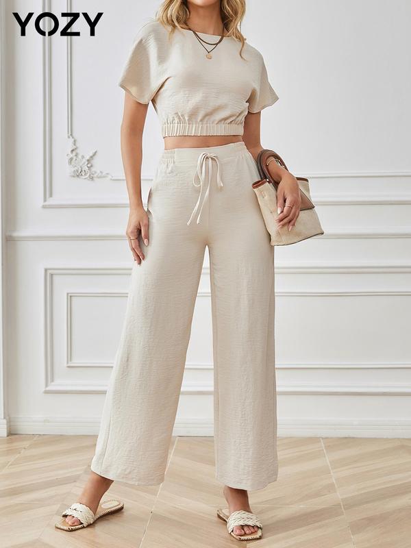 2pcs Solid Crop Tee & Tie Front Shirred High Waist Pants Set