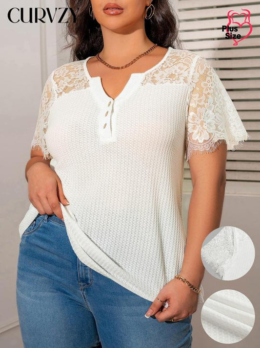 Curvzy Plus Contrast Lace Notched Neck Tee