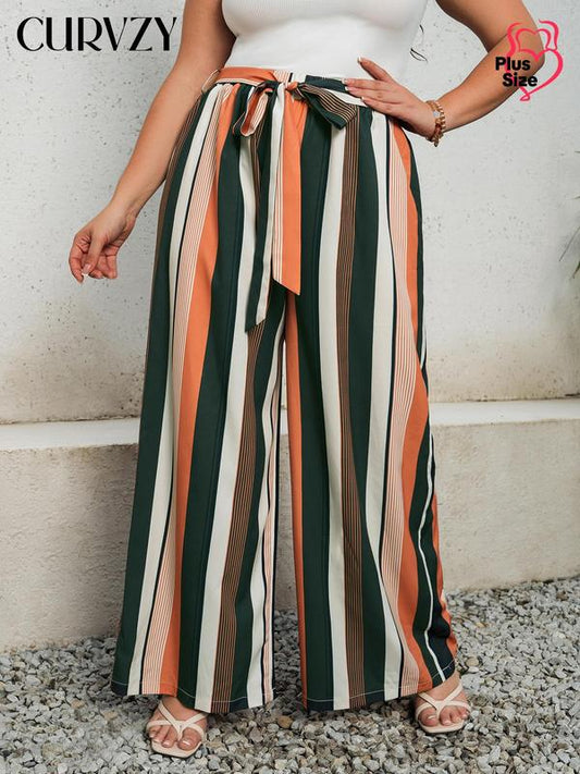 Curvzy Plus Size Belted Wide Leg Pants