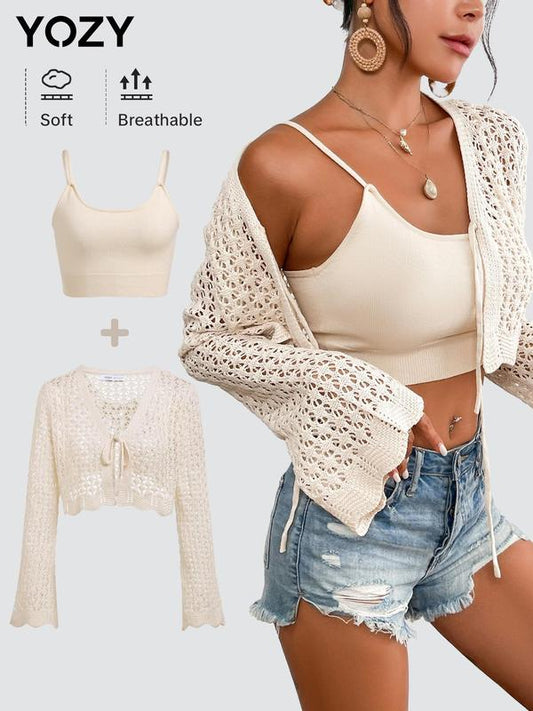Yozy Solid Hollow Out & Spaghetti Strap Top Set
