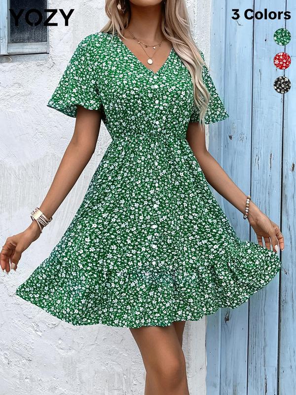 Yozy Ditsy Floral Button Front Ruffle Hem Dress