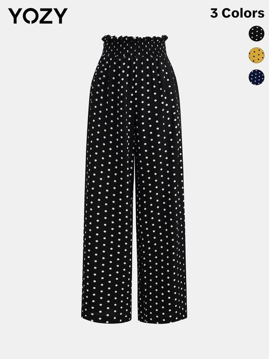 Polka Dot Print Paper Bag Waist Shirred Wide Leg Pants