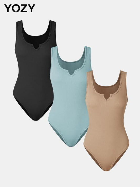 3pcs Solid Notched Neck Ribbed Tank Bodysuit