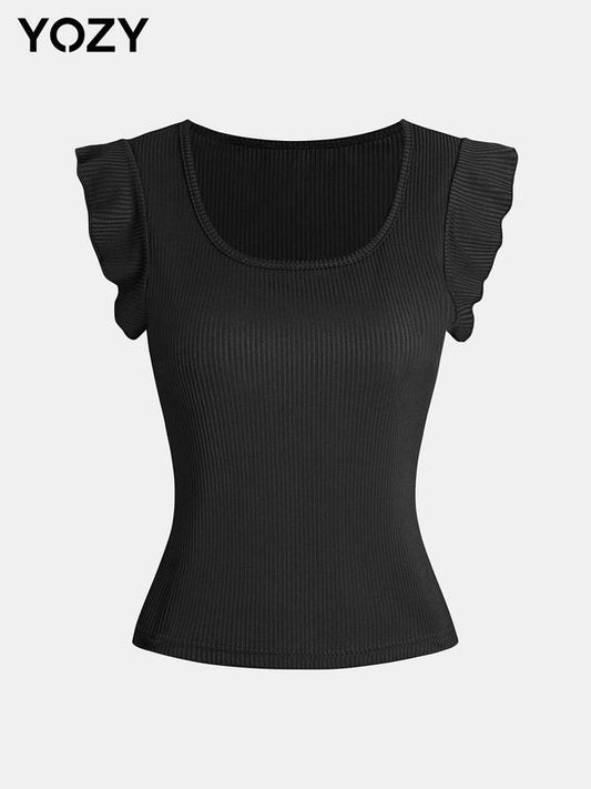 Plain Ruffle Sleeve Design Scoop Neck Ribbed Tank Top