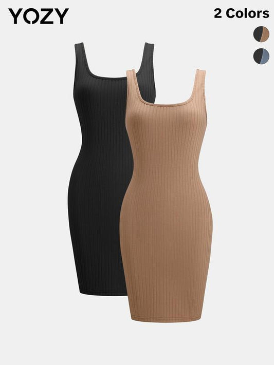 2pcs Solid Ribbed U Neck Bodycon Dress