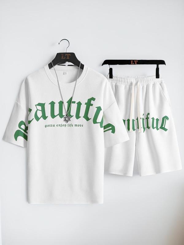 Men's Letter Print Tee & Drawstring Shorts Set