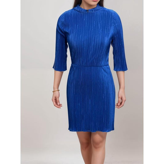 Royal Blue Long Sleeve Plisse Midi Dress