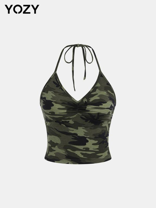 Camo Print Ruched Tie Back Halter Crop Cami Top