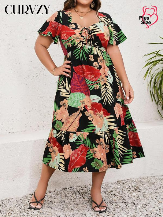 Curvzy Plus Tropical Floral Butterfly Sleeve A-Line Dress
